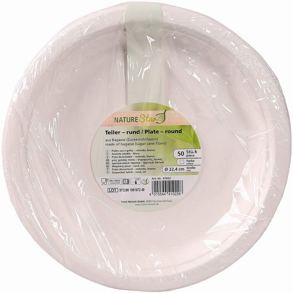 250 NATURE Star Einweg Menüteller Ø 23,0 cm weiß rund aus Zuckerrohr