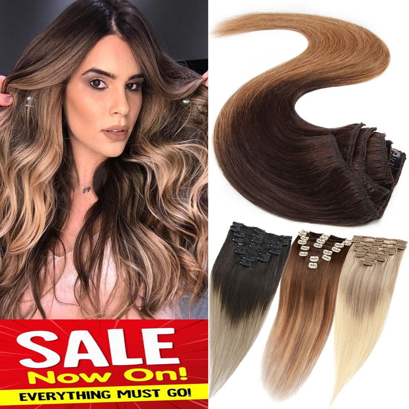 US CLEARANCE 100% Human Hair Extensions Clip In Real Ombre Remy Hair FULL HEAD