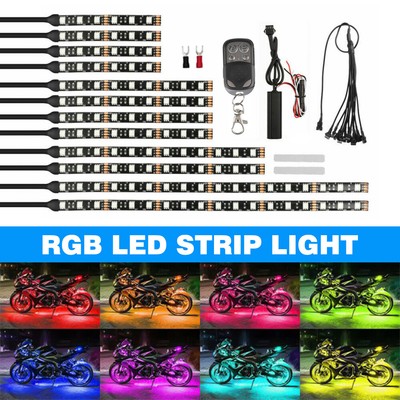 12PCS RGB Motorcycle LED Strip Light Under Glow Kit Neon Wireless Remote Control