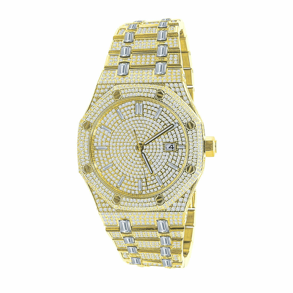 Pre-owned Bling Master Full Steel Baguette Men's Yellow Gold Tone Finish Simulated Diamonds 42 Mm Watch