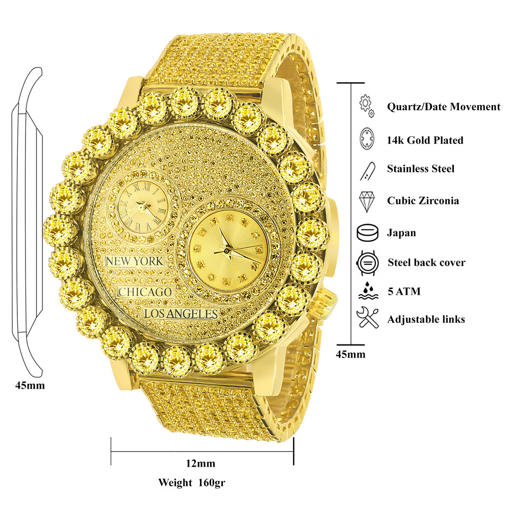 Pre-owned Ice Master Canary Gold Tone Men's Prong Set Real Diamond Dial 2 Time Zone Chronograph Watch