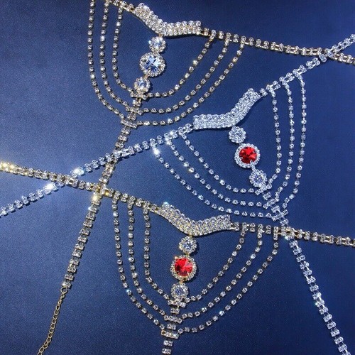 Rhinestone Sexy Body Chain Lingerie Red crystal Thong Panties Jewelry for women