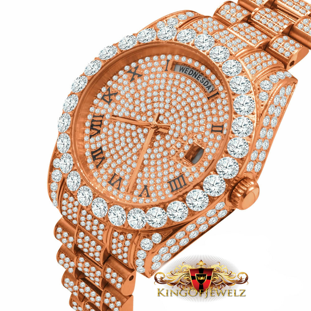 Pre-owned Bling Master 18k Rose Gold Finish Solid Stainless Steel Day & Date Roman Dial Solitaire Bezel