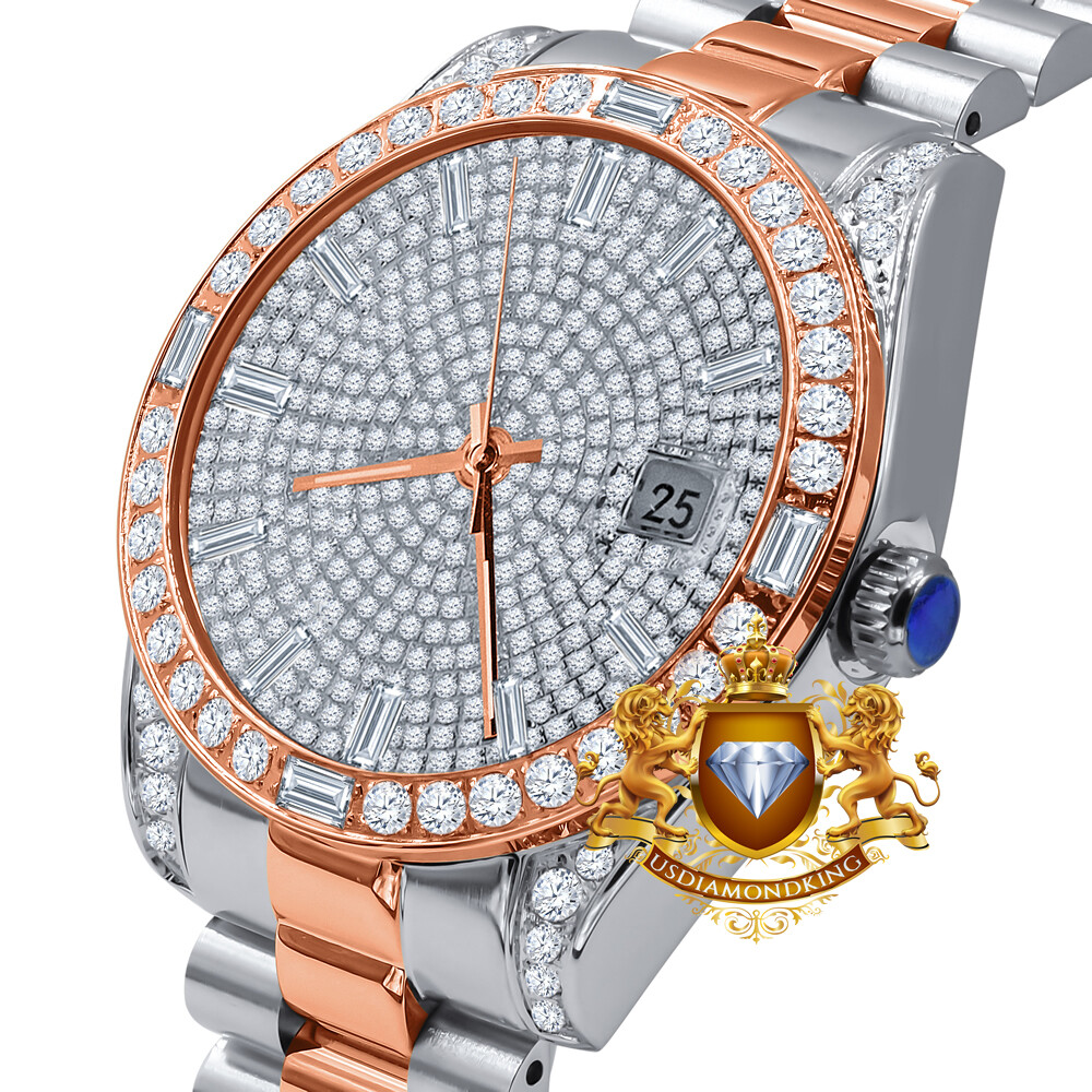 Pre-owned Bling Master Solid Steel 2 Tone Rose Gold Baguette Simulated Diamond President Watch 40mm