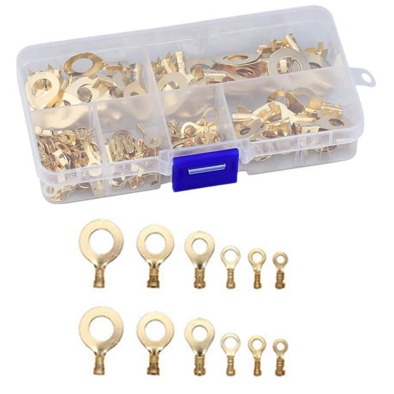 150 Pcs Gold M3 M4 M5 M6 M8 M10 Non-Insulated Copper Ring Lugs Open Barrel Wire 
