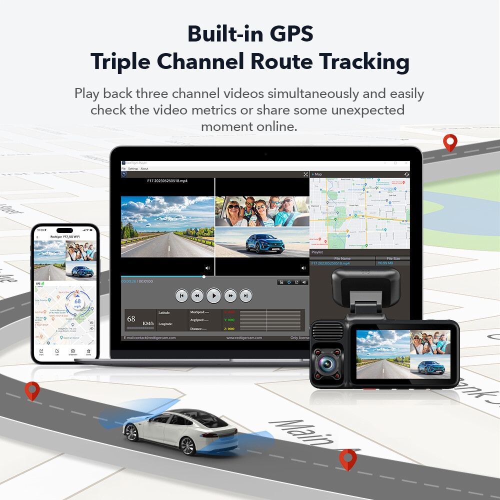 REDTIGER F17 4K Dash Cam 5G WiFi 3 Channel ,Front and Rear Inside, 64GB SD Card