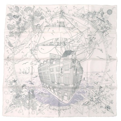 AUTHENTIC HERMES Carre90 Hermes FlagshipScarf BLANC/NOIR/GRIS silk