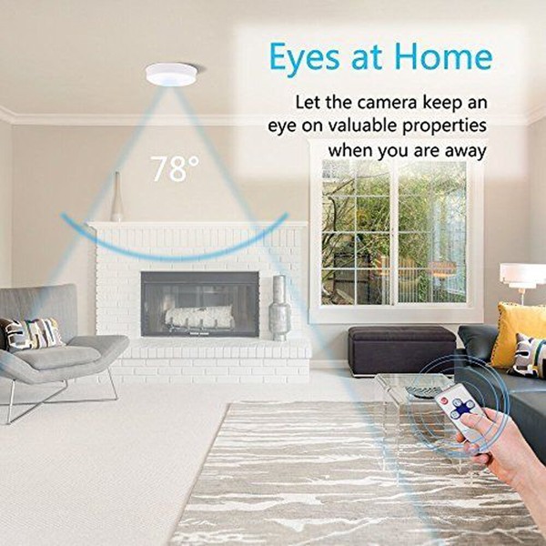 Smart home security camera in a living room setting.