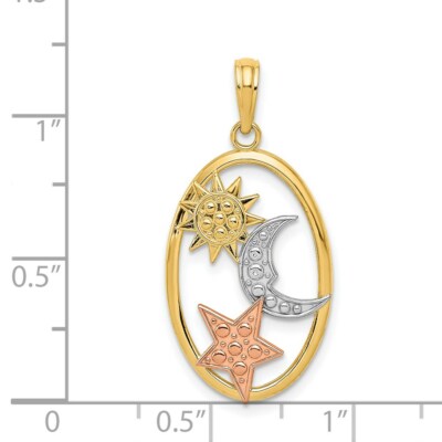 Pre-owned Superdealsforeverything Real 14kt Two-tone W/white Rhodium Sun; Moon And Star Oval Pendant