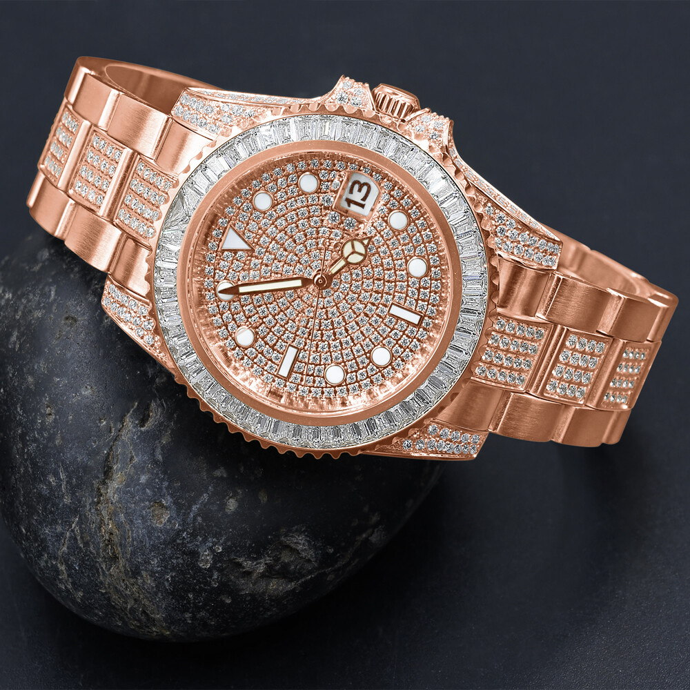 Pre-owned Bling Master 18k Solid Steel Rose Gold 2 Tone Baguette Simulated Diamond W/date 40mm Watch