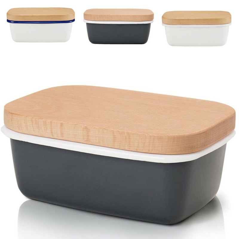 Emaille Butterdose für 250g Butter, Hölzern Deckel, 15 x 10 x 6 CM