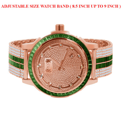 Pre-owned Ice House Emerald Green Stainless Steel Bezel Watch 18k Rose Gold Real Diamond Dial W/date