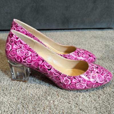Reindee Lusion Pink Roses Transparent Block Mid Heel Round Toe Size 9.5 NEW