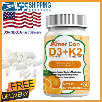 Vitamin K2 D3 Supplement | 60 Capsules | 200mcg K2 MK7 & 5000 IU 125mcg D3 USA