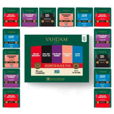 VAHDAM Assorted Black Tea Sampler Gift Set 5 Flavors 20 Tea Bags Gluten Free ...