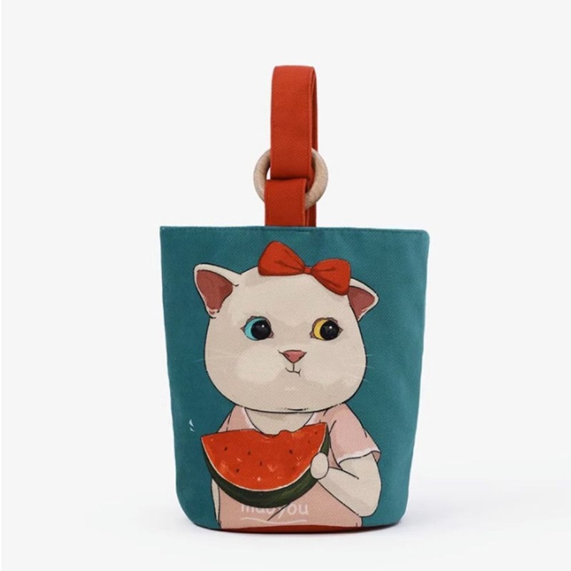 Cartoon Printed Cylinder Bags Portable Lunch Pouch Gift Handbag