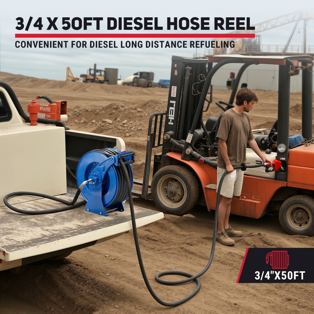 Fuel Hose Reel Retractable with Fueling Nozzle, 3/4" x 50" Heavy Duty Steel Reel