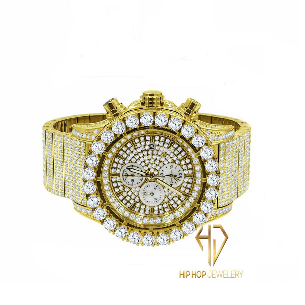 Pre-owned Blingmaster Men's Solid Stainless Steel Yellow Gold Tone Simulated Diamond Custom Watch 48mm