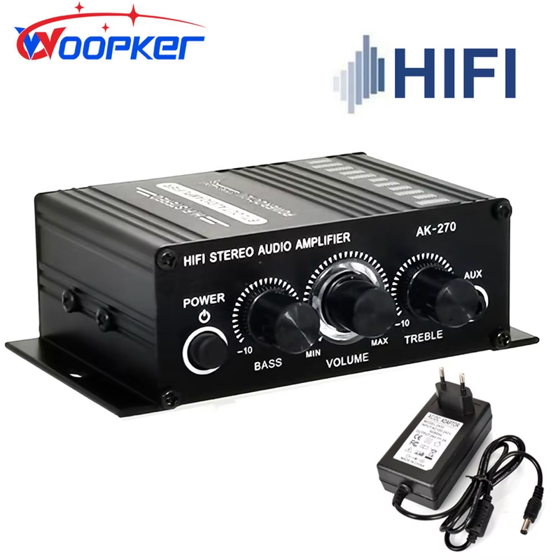 AK-270 HIFI Amplifier Channel 2.0 Stereo Audio Sound Amp Bass Trebl for Home The
