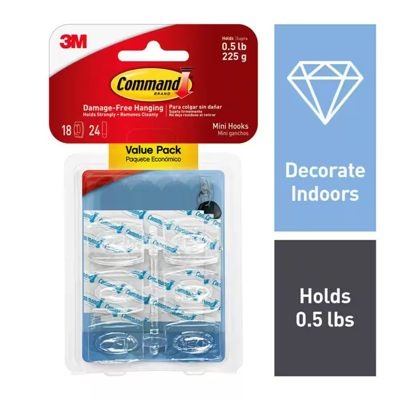 Command Mini Wall Hooks Clear 18 Pk Damage Free Adhesive Hanging Strips Reusable