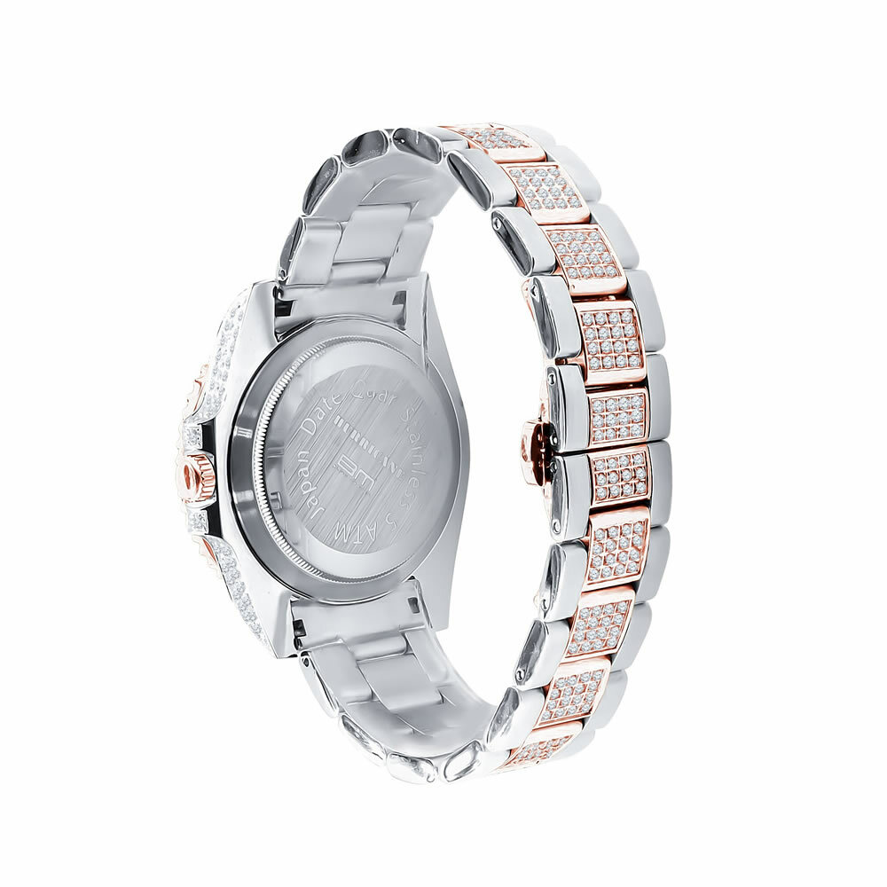 Pre-owned Bling Master 18k Solid Steel 2 Tone Rose Gold Baguette Simulated Diamond W/date 40mm Watch