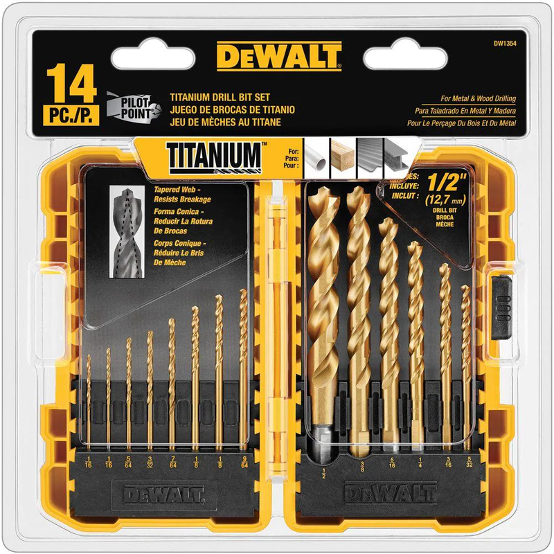 Drill Bit Set Titanium Pilot Point Clean Holes Metal Wood Home Shop (14-Piece)