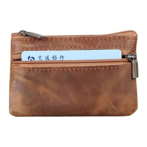 Brown Genuine Leather Small Coin Holder Change Purse Zipper Key card Wallet USA