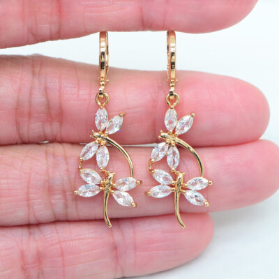 18K Yellow Gold Filled Women Clear Mystic Topaz Dragonfly Dangle Earrings