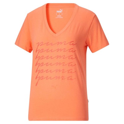 

Puma Ombre Script Logo V-образный вырез с коротким рукавом Женские оранжевые повседневные топы 678, Оранжевый