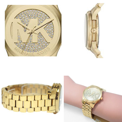 Pre-owned Michael Kors Runway Gold Tone+logo Pave Crystal Dial Midsized Watch Mk5852