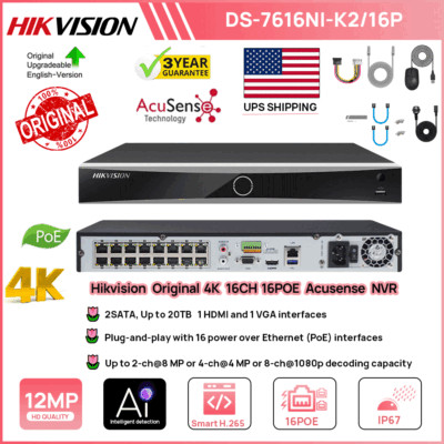Original Hikvision 4K 16CH NVR 12MP Acusense 16POE 2 SATA 20TB DS-7616NI-K2/16P