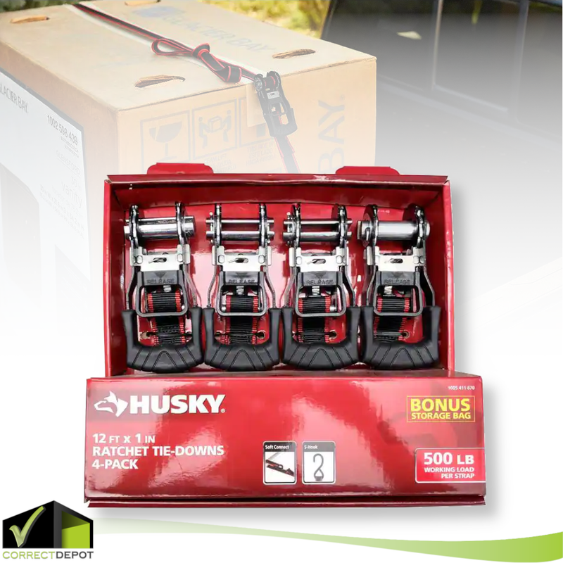 4-PACK HUSKY RATCHET TIE DOWN Heavy Loads Security Fastening Straps 12 ft x 1 in