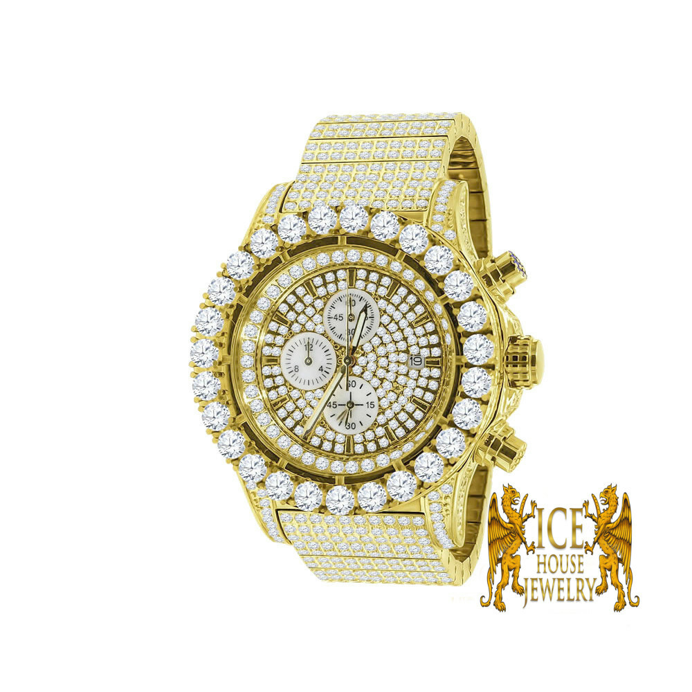 Pre-owned Blingmaster Mens Stainless Steel Gold Tone Jojino Joe Rodeo Lab Simulated Diamond Watch 48mm