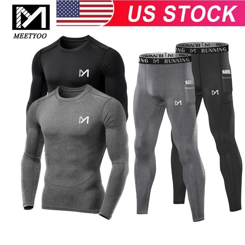 Mens Compression Quick Dry Thermal Base Layer Gym Tight Running Shirts Pants Set