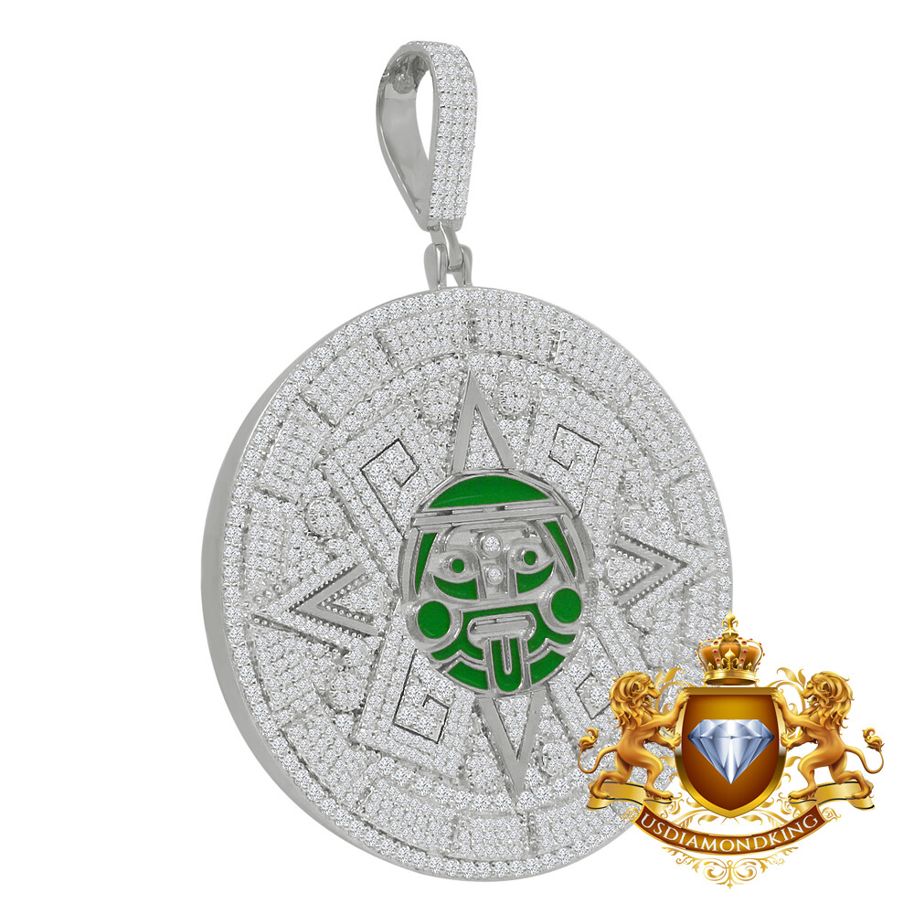 Pre-owned Us Diamond King Xl 3'' 14k White Gold On Silver Mayan Aztec Sun Calendar Pendant Charm Medallion In White/clear