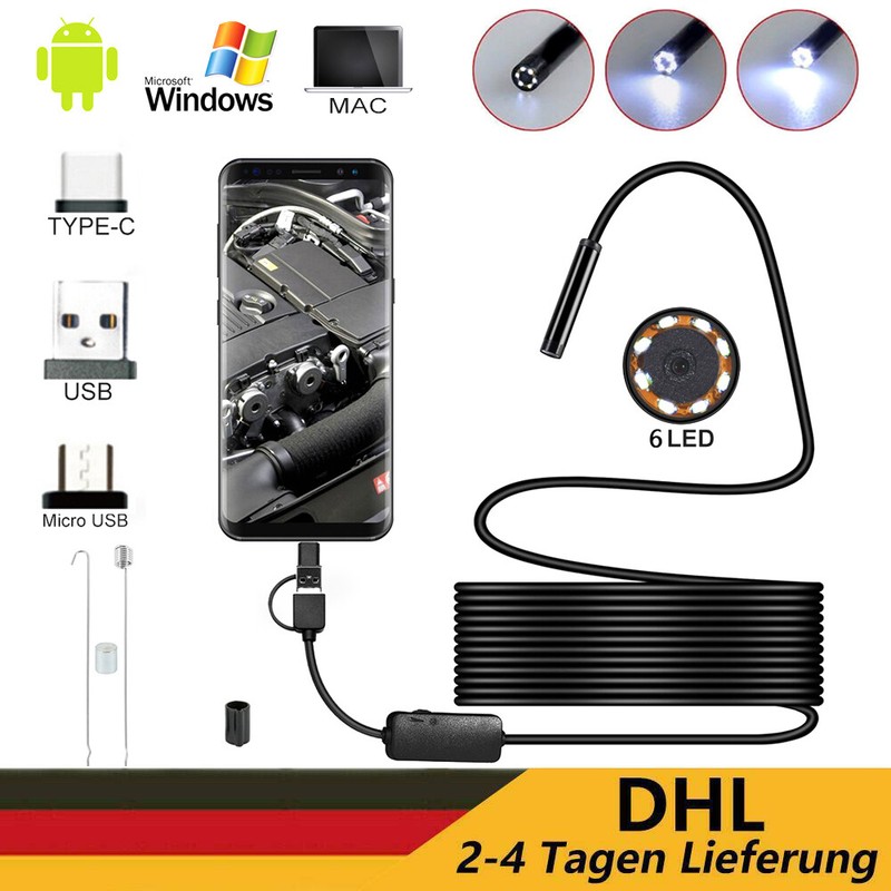 3-in-1 1M-3.5M Endoskop USB Endoscope Inspektion Kamera 6LED für Type-C Android+