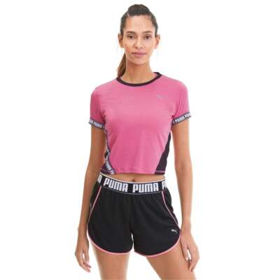 

Puma Last Lap Cropped Logo Crew Neck Short Sleeve Athletic TShirt Womens Pink Ca, Розовый