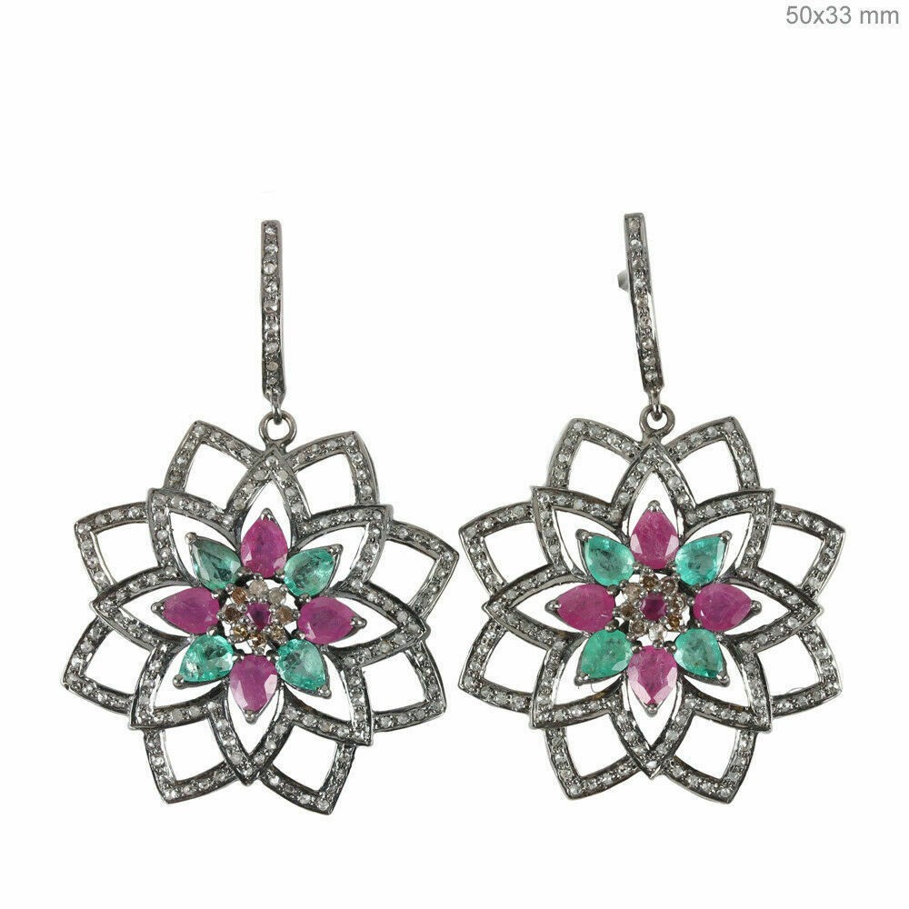 Real Ruby Emerald Pave Diamond Dangle Earrings Vintage Fine Jewelry For Her
