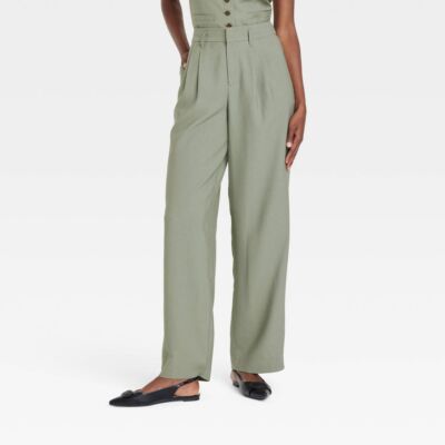 Женские прямые брюки с высокой посадкой и складками спереди - модель New Day Olive 6 Short