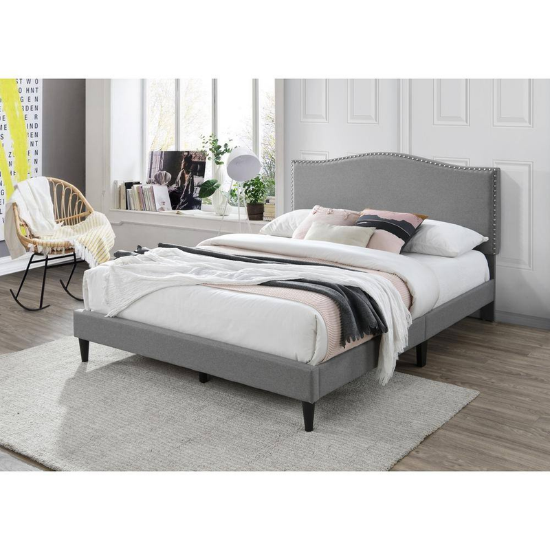 Upholstered King Platform Bed with Arched Nailhead Headboard