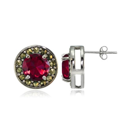 Sterling Silver Created Ruby and Marcasite Halo Stud Earrings
