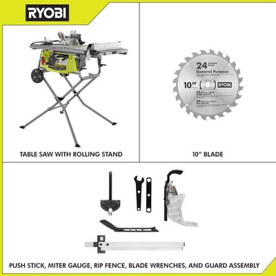 RYOBI Table Saw Rolling Stand 15 Amp 10 in 3.0 hp Benchtop Power Tool Corded