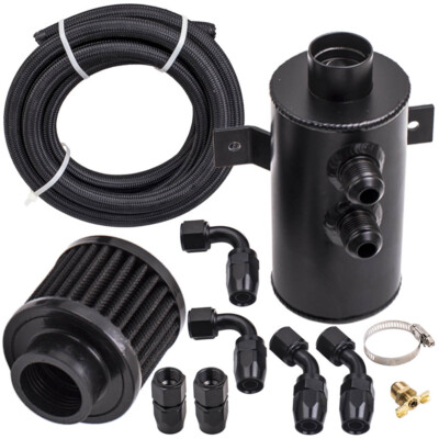 0.75L Aluminum Baffled Engine 750mL AN10 Oil Catch Can Kit w/ Nylon Braided Hose
