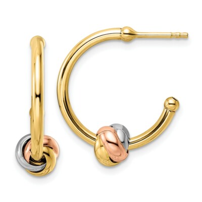 Pre-owned Superdealsforeverything Real 14kt White And Rose Gold With Yellow Rhodium Knot J-hoop Earrings In Two-tone