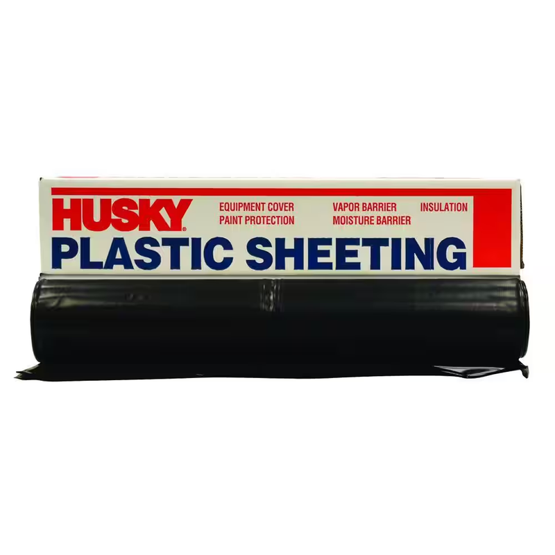 Husky Plastic Sheeting 8ft x100ft Black 4mil Vapor Barrier Drop Cloth Cover Film