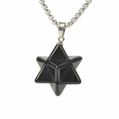 25mm Gemstone Carved Merkaba Star Crystal Sacred Pendant & Necklace 20''