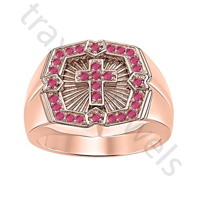 1.20 ct Created Ruby 14K Rose Gold Over Christian Holy Cross Wedding Men's Ring