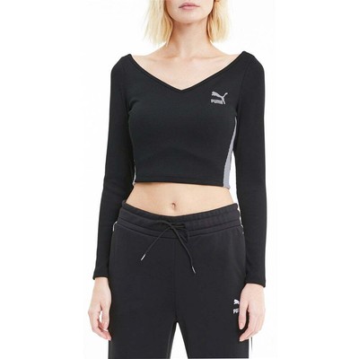 

Puma Classics Укороченный топ в рубчик с V-образным вырезом и длинными рукавами, женские повседневные топы размера, Черный