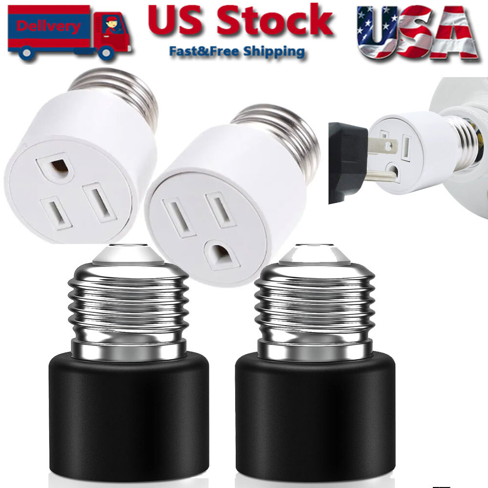 E26/E27 Light Socket to Plug Adapter 2 Packs 3 Prong Light Bulb Outlet Adapter