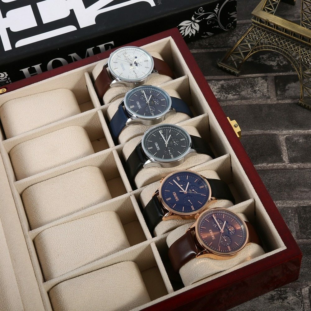 Luxury 10 Grids Wooden Watch Box Durable Home Jewelry Display Collection Case